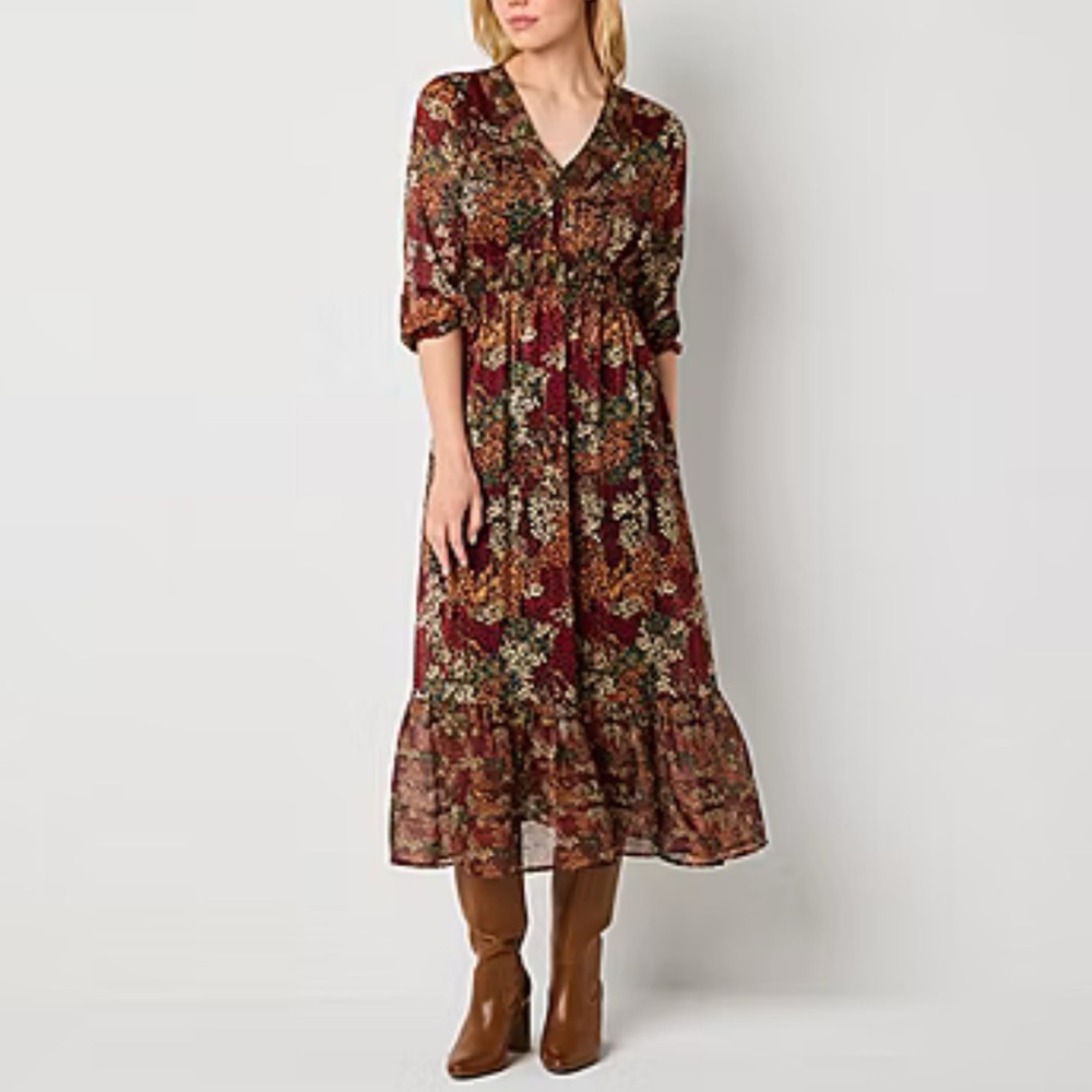 FRYE AND‎ CO. Long Sleeve Boho Fall Floral Midi Dress Size XXL Coastal Cowgirl